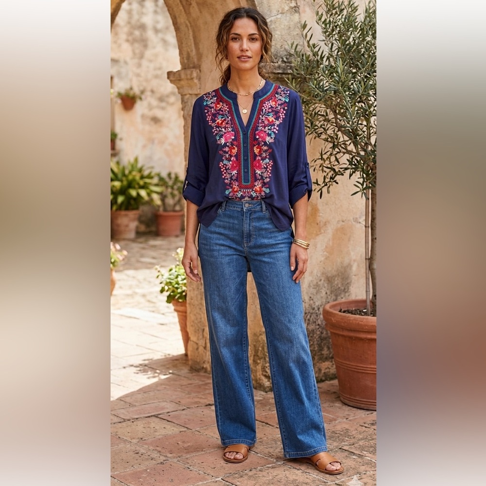 Anthropologie Luna Moon Tunic Top Boho Navy Floral Embroidered Large Cottagecore - Picture 6 of 13